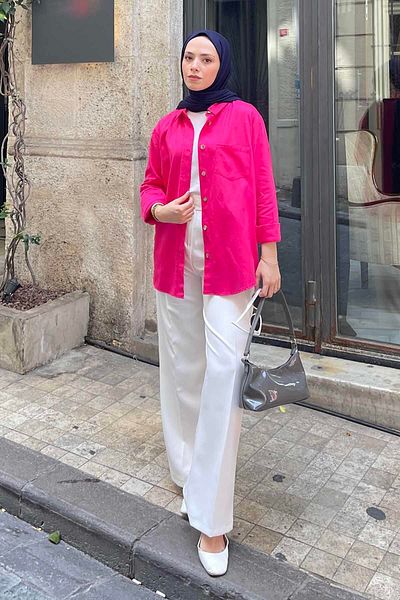 lamelif Cămașă din Gabardină Fuchsia - Detaliată cu un singur buzunar
