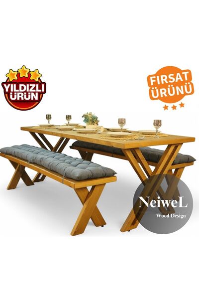 Neiwel Ken Doğal Ahşap Banklı Yemek Masası Takımı-80-120 Takım