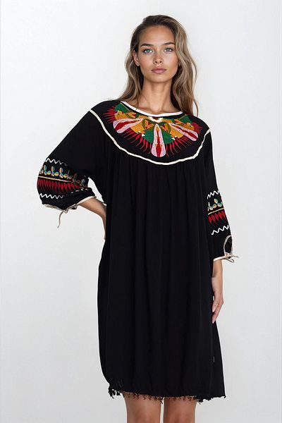 VAGGON Γυναικείο μαύρο φόρεμα με λαιμόκοψη με λεπτομέρεια μεγάλου μεγέθους βισκόζης Vs00343