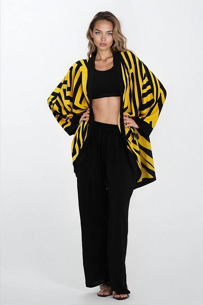 VAGGON Pantaloni galbeni pentru femei, cu buzunare duble, cu talie elastică și set de 3 piese kimono Vs00294