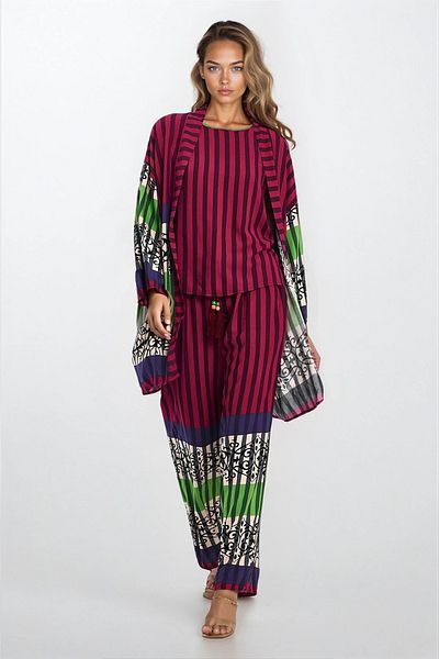 VAGGON Bluză fără mâneci cu decolteu roșu Claret pentru femei, pantaloni elastici și costum kimono de mărime mare Vs00284