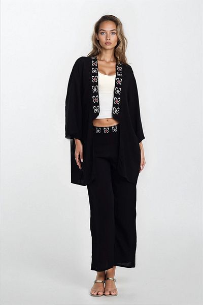 VAGGON Kimono cu model negru pentru femei și pantaloni dublu cu buzunare Set de top de mărime mare Vs00292