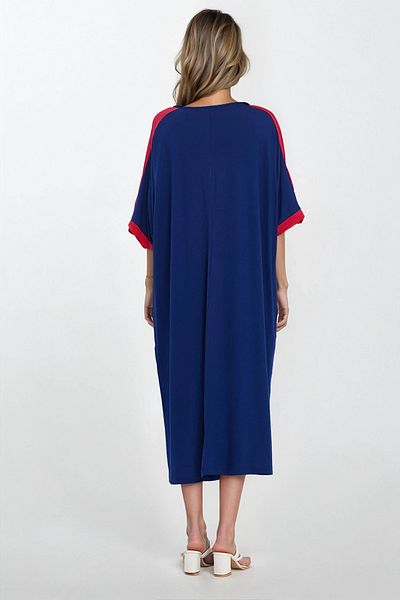VAGGON Γυναικείο Indigo Κοντό μανίκι Φόρεμα Βισκόζης με κουμπί μπροστά Vs00297