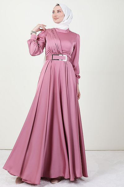 Giza Giyim Μπροστινό πλισέ βραδινό φόρεμα Hijab Ροζ
