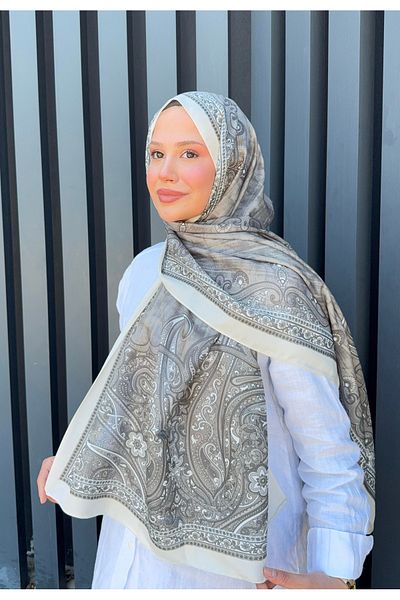 Mira İpek Retro Pattern Cotton Shawl Smoked White