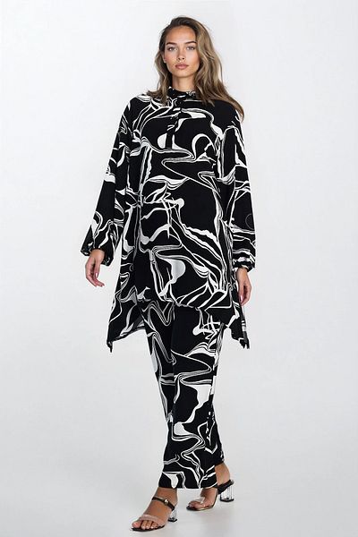 VAGGON Set cămașă cu guler tunica cu jumătate de plăcuță și pantaloni cu talie elastică Plus Size