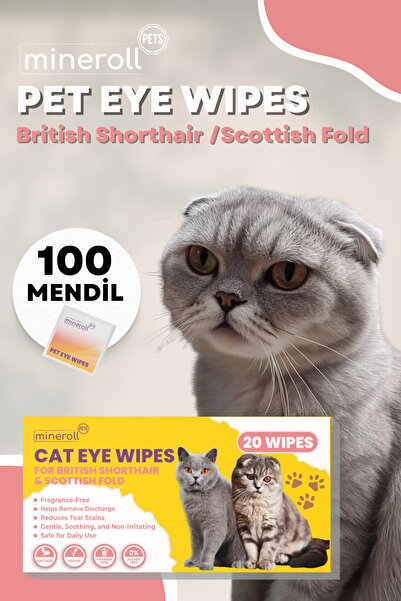 Mineroll Pets Kedi Göz Temizleme Mendili, British Shorthair Ve Scottish Fold Için, Serum Fizyolojik, 100 Adet