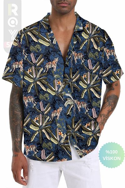ROY501 Men's Short Sleeve Shirt Tiger Print Short Sleeve Shirt Summer Shirt Men's Oversized Shirt