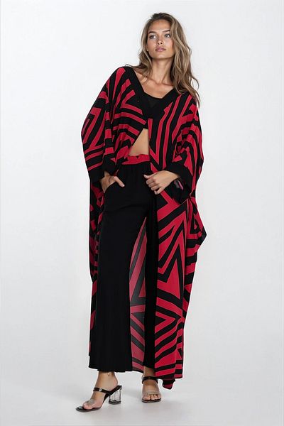 VAGGON Pantaloni roșii cu buzunare duble și un set de kimono pentru femei Vs00350