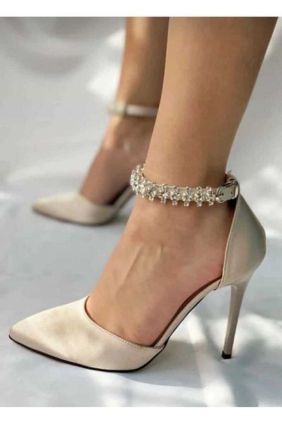 Zenvea Beige Satin Stone Banded Orthopedic Graduation Office Evening Dress Night Stylish Heeled Shoes
