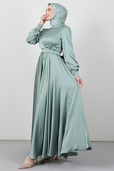 Giza Giyim Μπροστινό Πλισέ Hijab Βραδινό Φόρεμα Water Green