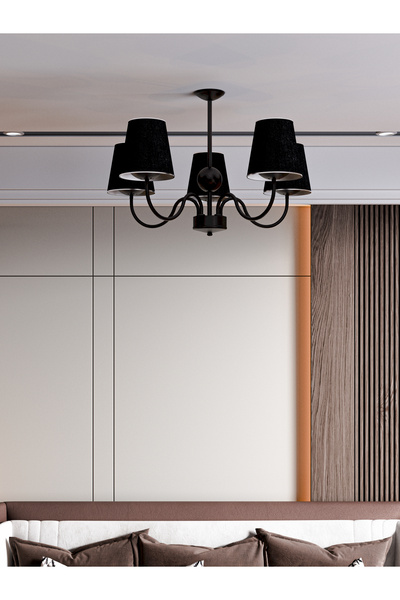 avizade Deluna 5'li Siyah Modern Konik Abajur Şapkalı Siyah Metal Avize | Dek...