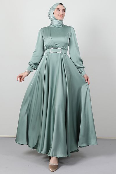 Giza Giyim Μπροστινό Πλισέ Hijab Βραδινό Φόρεμα Water Green