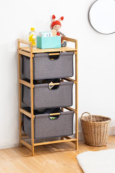 Porsima 2059 3 Tier Drawer Cabinet Wooden Bamboo Leg Organizer Toy Basket Bathroom Kitchen Organizer