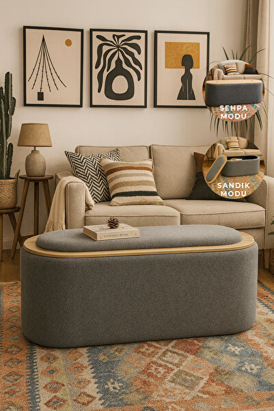 Zem Contes Bohem Sandıklı Orta Sehpa Puf/Bench , Gri