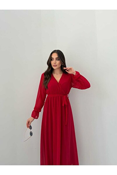 MitraMina فستان شيفون مبطن بتفاصيل وشاح وياقة مزدوجة الصدر