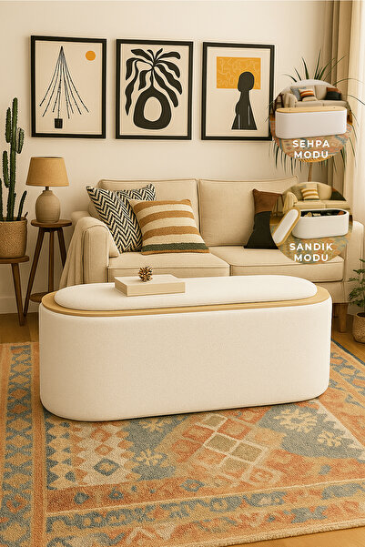 Zem Contes Bohem Sandıklı Orta Sehpa Puf/bench, Kırık Beyaz