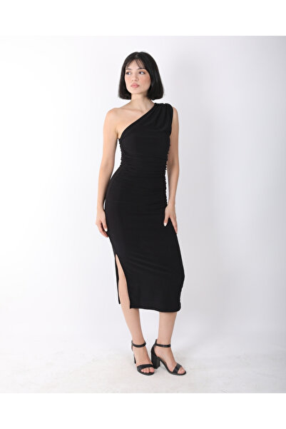 deqfashion Kadın Siyah Tek Omuzlu Drapeli Midi Boy Davet Elbisesi