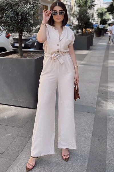 NEW LAVİVA Women's Stone Jacket Collar Wide Leg Linen Jumpsuit - 700-3405