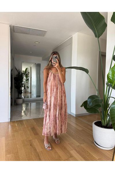 CADDELAMODA Rochie de damă cu gât cu accesorii și model batik