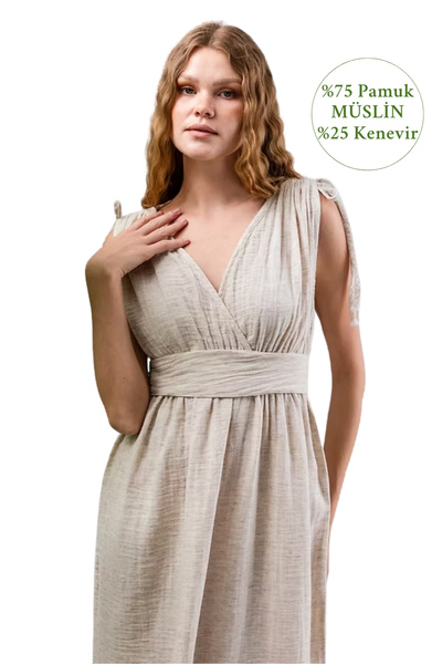 cottony.store Muslin Dress, Summer Dress, Strap Bohemian Dress, Belt Detail Slit Dress Hemp Fabric
