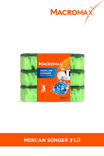 MACRO MAX Mercan Bulaşık Süngeri 3'lü Paket, Büyük Gözenekli Bol Köpük Sağlayan Ergonomik Sünger