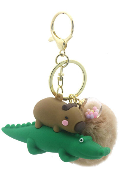 OEM Capybara keychain on crocodile, brown with beige fluff and colorful balls...