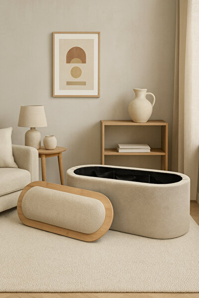 Zem Contes Bohem Sandıklı Orta Sehpa Puf/Bench , Sütlü Kahve