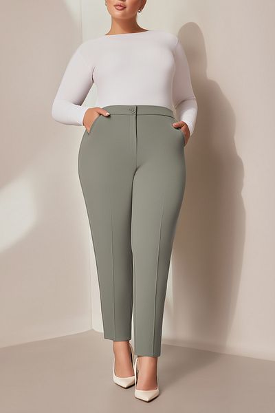 Hanezza Pantaloni din țesătură cu buzunare până la gleznă, kaki, talie înaltă