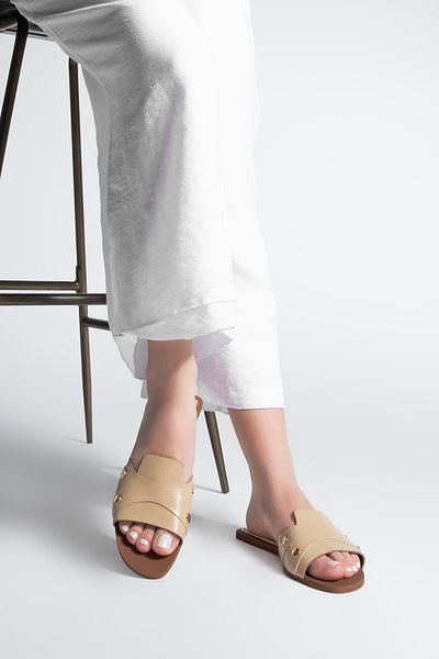 Marjin Women's Gold Studded Banded Casual Slippers Vimase Beige