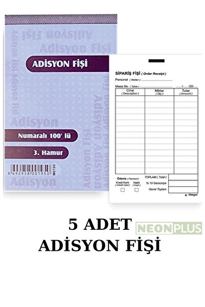 NEON PLUS 5 Adet Adisyon Fişi 3. Hamur Numaralı 1-100 Tek Nüsha