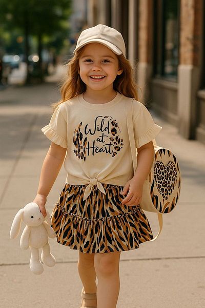 mislina kids Wild 3-Piece Girl's Combination (Oversize T-Shirt + Patterned Skirt + Bag) – 3/6 Years