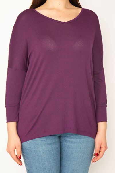 Şans Women's Plus Size Plum V-Neck Long Sleeve Basic Blouse 65n32855