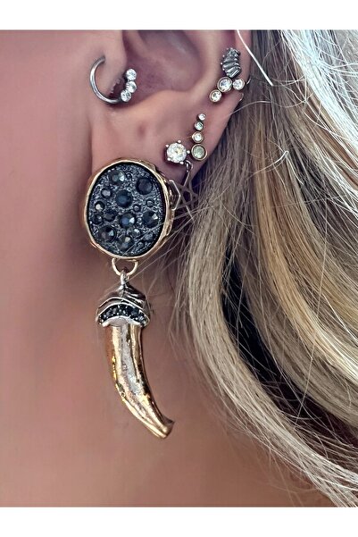 Bo Takı ve Aksesuar Zircon Stone Plated Elephant Tooth Model Dangle Earrings