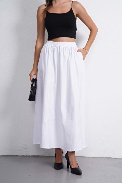 Gülmude Long Elastic Waist Poplin Fabric Double Pocket Relaxed Cut Hijab Skirt Unlined (Length 90 cm)