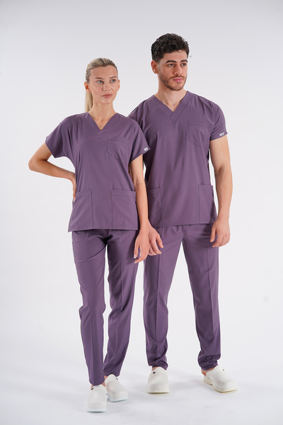 Lion Üniforma زي ممرضة من الليكرا من دكتور جرايز بلون البرقوق الفاتح للجنسين بأكمام الخفافيش، فريق مستشفى دكتور سكربس