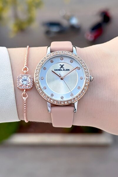 Daniel Klein Case Rose Silver Cord Powder Color Leather Cord Women's Wrist Watch and Bracelet