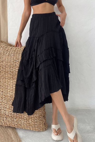 Nana & Mayka Moda Nana Mayka Fashion Women's Black Seersucker Ruffled Long Skirt – Lined, No Show, Summer, Flounced, 3001