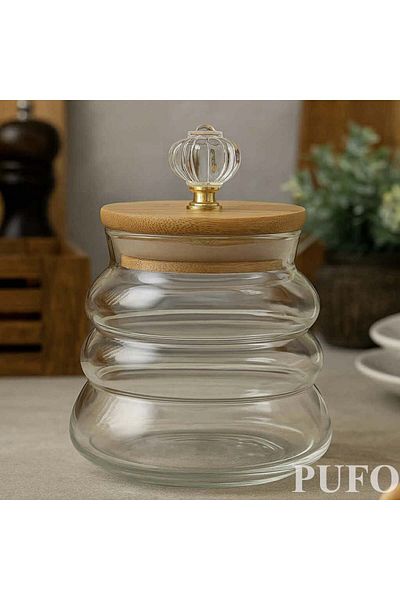 PUFO Recipient din sticlă borosilicată cu lingură de lemn pentru zahăr, cafea, ceai sau condimente, cu capac de lemn