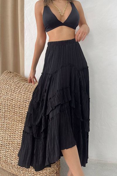 Nana & Mayka Moda Nana Mayka Fashion Fusta lungă cu volane negru Seersucker pentru femei – căptușită, fără interior, vară, cu volan, 3001