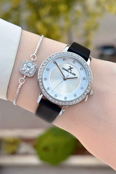 Daniel Klein Black Color Leather Cord Women's Wristwatch and Bracelet