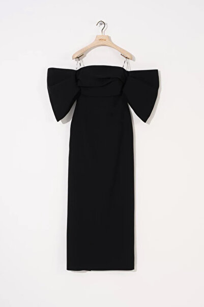 cercis Straplez Düşük Balon Kollu Uzun Elbise