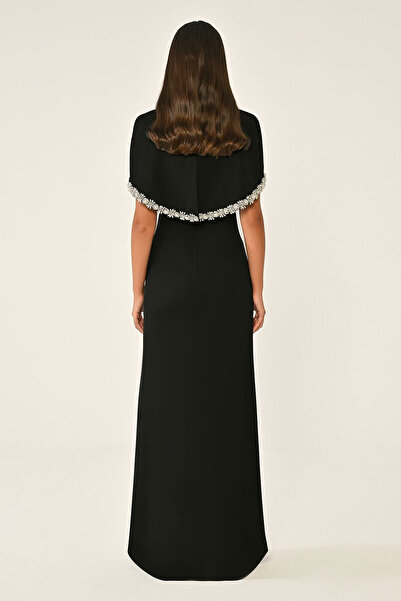 ALFABETA Kenarları Taş İşlemeli Krep Uzun Abiye Elbise Alfa Beta 46