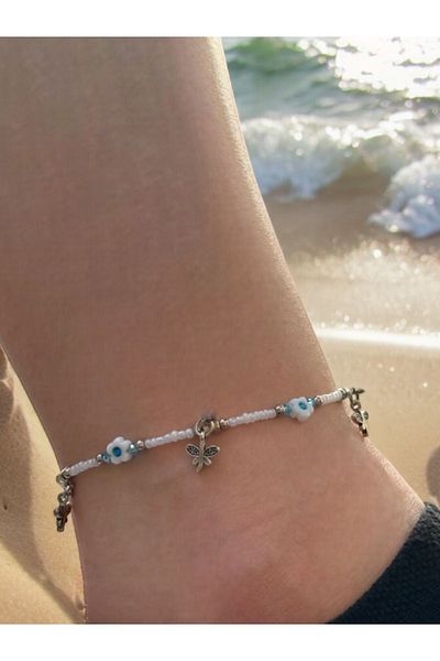 etniko White Anklet with Blue Flower Detail