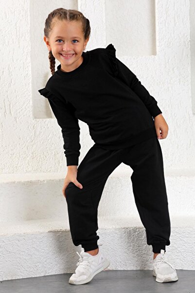 zepkids Dívčí tepláková souprava Crew Neck s dlouhým rukávem v černé barvě