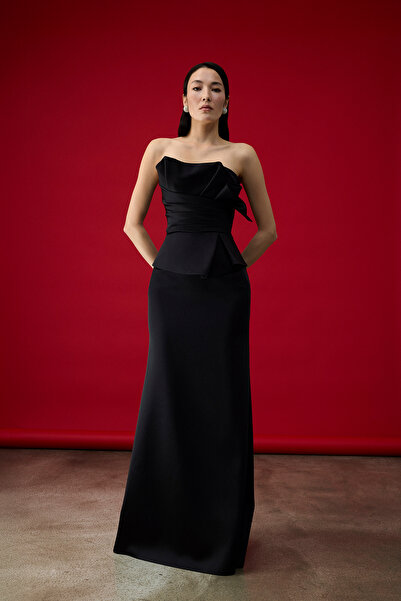 cercis Straplez Drapeli Bel Detaylı Uzun Abiye Elbise