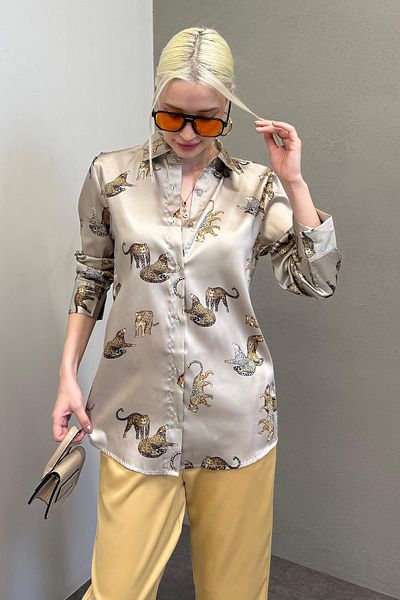 Madmext Mad Girls Leopard Ecru Satin Shirt Mg187