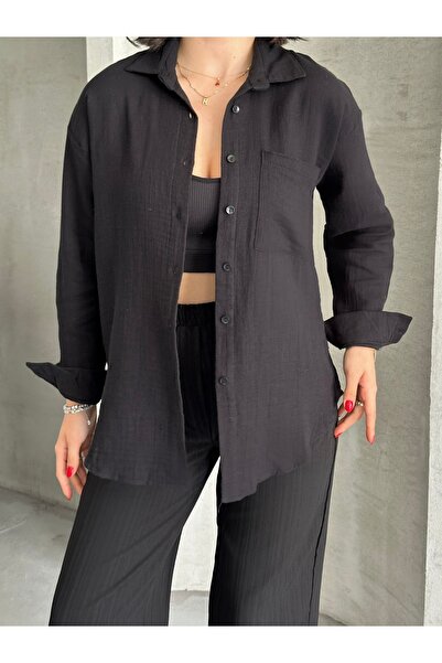 Moda Palmiss Kadın Siyah Müslin Kumaş Oversize Gömlek