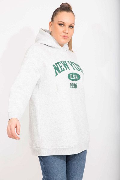 Şans Women's Large Size Gray 3 Thread Thick Sweatshirt with Ribbon Inside 65n35491