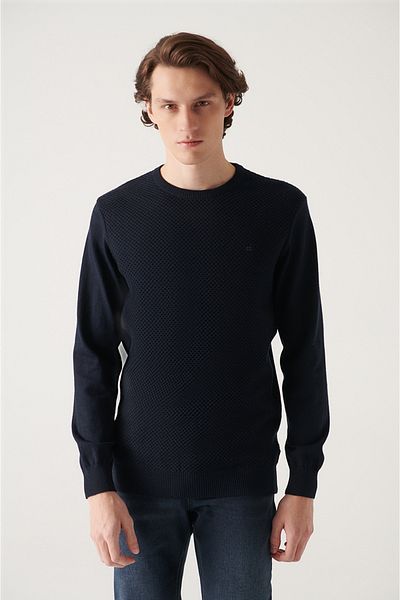 Avva Marineblauer Herren-Strickpullover aus Baumwolle mit Rundhalsausschnitt E 005105
